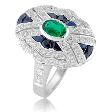 18ct White Gold Ring with Emerald, Sapphire & Diamond