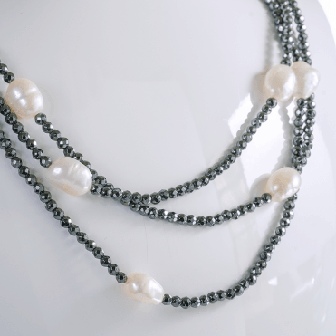 3 Strand Necklet of Baroque Pearl & Hematite