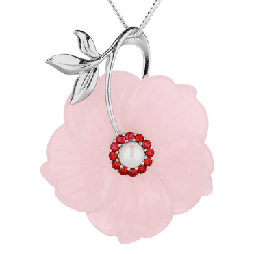 43ct Rose Quartz Pendant with a Pearl & Red Sapphire Centre