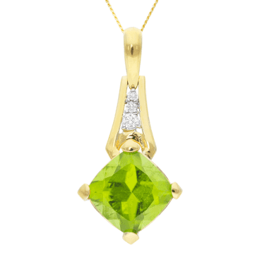 8ct Peridot Cushion in a Gold & Diamond Pendant