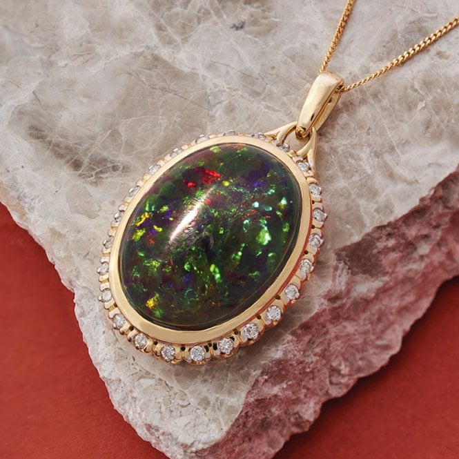 Black Opal Pendant Framed by Sparkling Diamonds in 9ct Gold