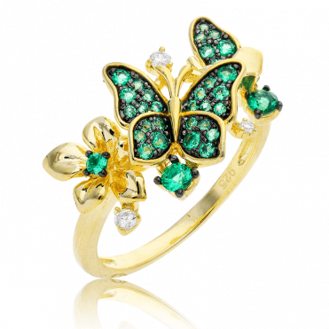 Butterfly Ring Lit by 18ct Gold & Green Spinel