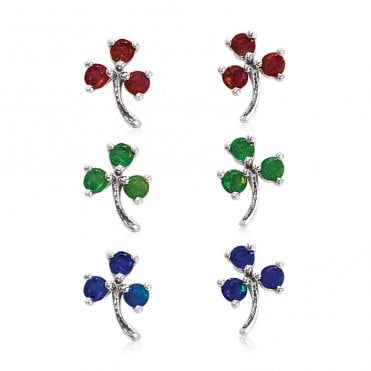 Emerald, Ruby and Sapphire Flower Studs