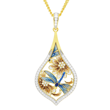 Enamelled Dragonfly Pendant Shimmers with 18ct Gold