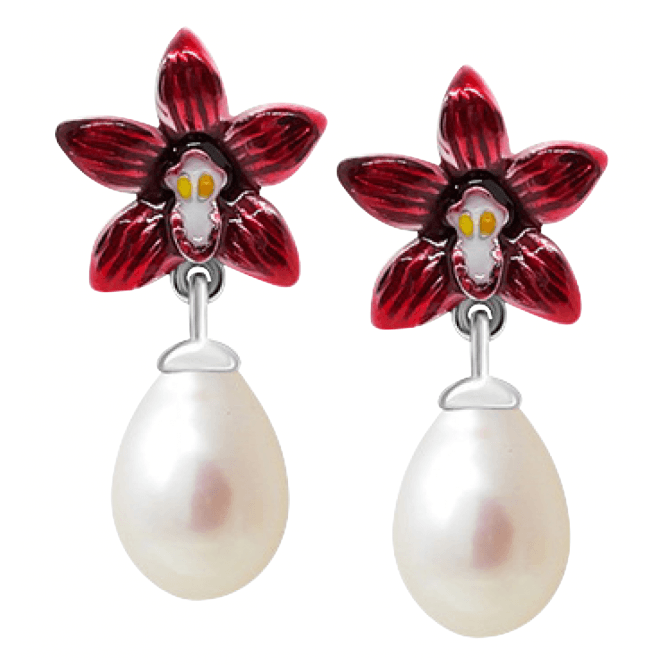 Enamelled Orchid & Freshwater Pearl Earrings