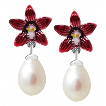Enamelled Orchid & Freshwater Pearl Earrings