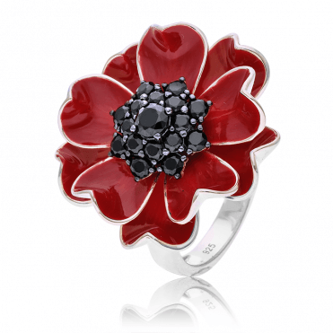 Enamelled Poppy Ring in Silver with Black Spinel