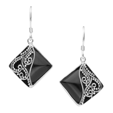 Gleaming Onyx Earrings Overlaid with Hand Crafted Silver