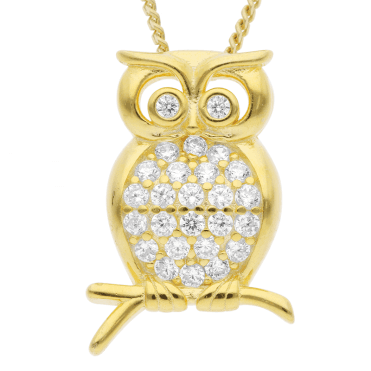 Glittering Night Owl Pendant in 18ct Gold on Silver