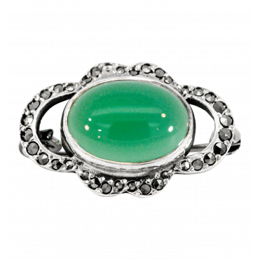 Green Agate & Marcasite Brooch