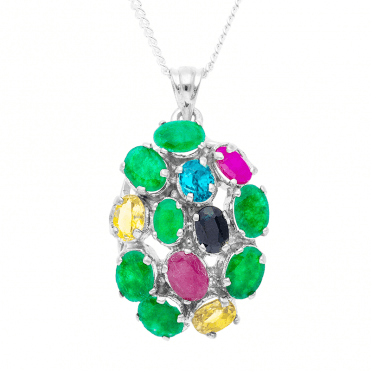 Jewelled Cluster Pendant of Emerald, Sapphire, Ruby & Blue Zircon
