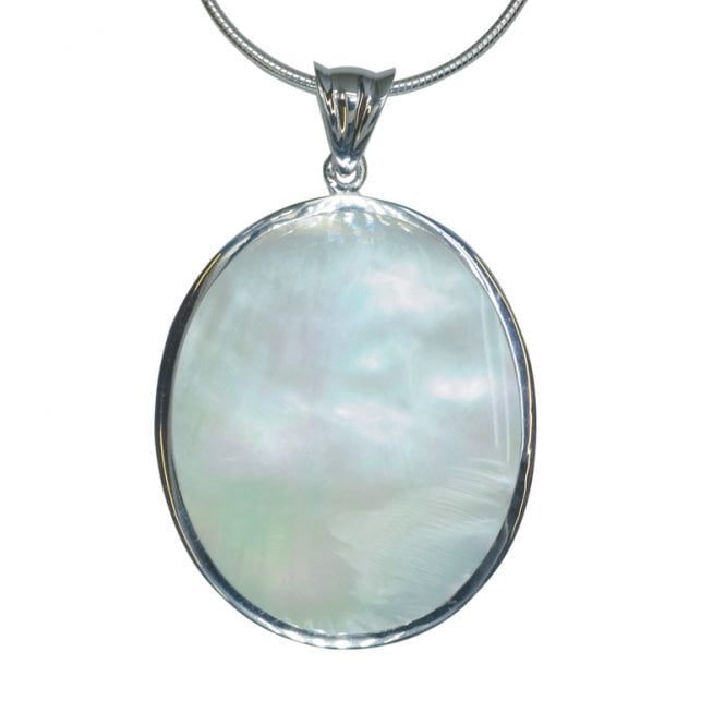 Ladies Shipton and Co Exclusive Silver Large Oval Mother of Pearl Pendant including a 16 Silver Flexisnake Chain TKW047PM
