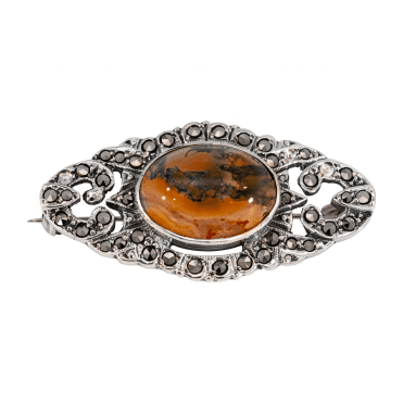 Moss Agate & Marcasite Brooch