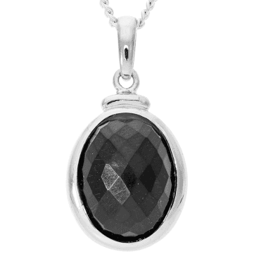 Oval Pendant of Jurassic Jet Glinting against Silver
