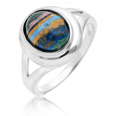 Powerful Silver Ring Domed with Rainbow Calsilica