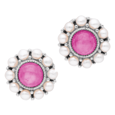 Ruby Cabochon Earrings Haloed with Pearls