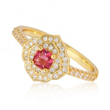 Sil+ Y/G plate Ruby Red CZ Flower Cluster Ring