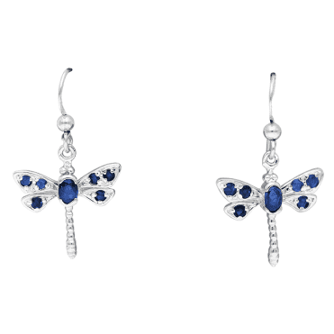 Silver Dragonfly Earrings Glinting with Sapphire