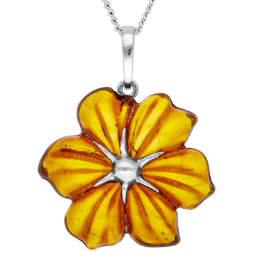 Silver Flower Pendant Petalled with Baltic Amber
