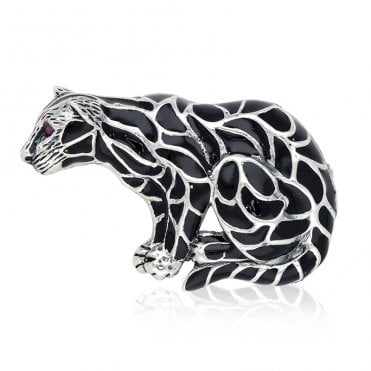 Silver Panther Enamel Brooch
