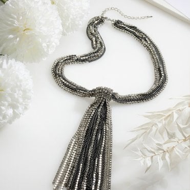 Silver Plated and Black Multi Strand Chain Necklace