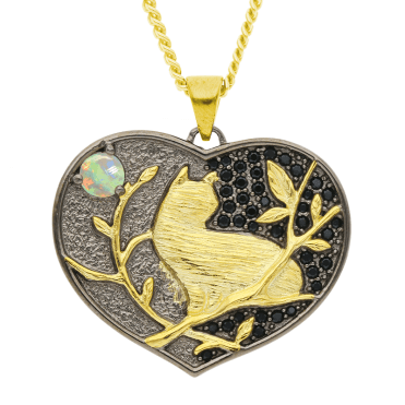 Starry Night Cat Pendant with an Opal Moon