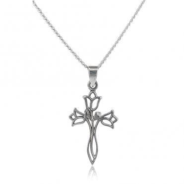 Sterling Silver Flower Cross Pendant