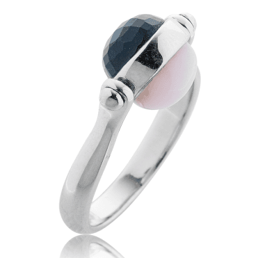 Swiveltop Ring Contrasts Faceted Onyx & Pink Opal