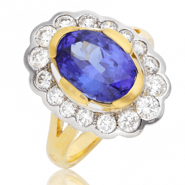 Vividly Bright 3ct Tanzanite in a 18ct Gold & Diamond Ring